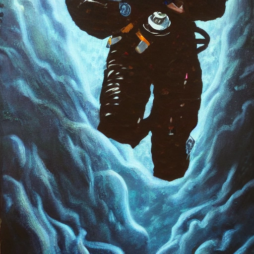 man in a spacesuit, walking in the deep abyss of the ocean, Oil Painting, cinematic composition