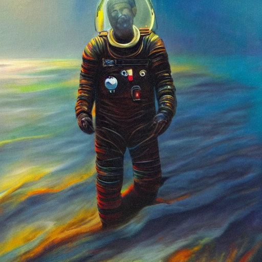 man in a spacesuit, walking in the deep abyss of the ocean, Oil Painting, cinematic composition