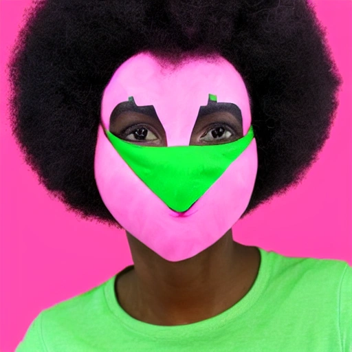 triceratop face, with black hair and afro, with pink and green skin