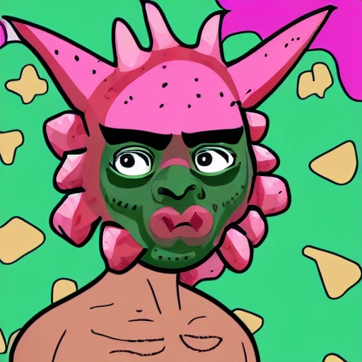 triceratop face, with black hair and afro, with pink and green skin, Cartoon