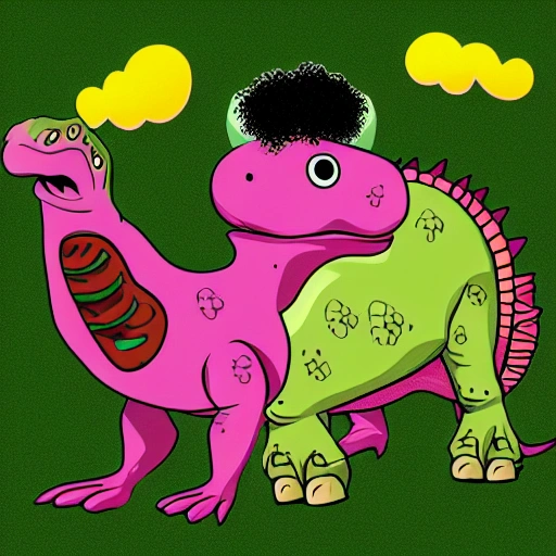 dinosaur with triceratop face, with black hair and afro, with pink and green skin, Cartoon