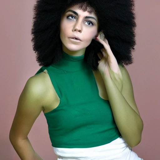 cara de estegosaurio, con cabello negro y afro,  piel  verde y collar rosa