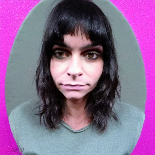 cara de t-rex, con cabello negro y afro,  piel  verde y collar rosa