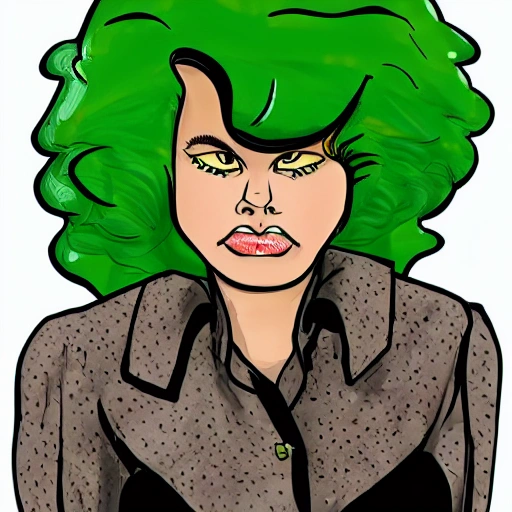 cara de t-rex, con cabello negro y afro,  piel  verde y collar rosa, Cartoon