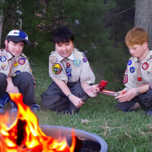 boy scouts, fire, cooking, anime