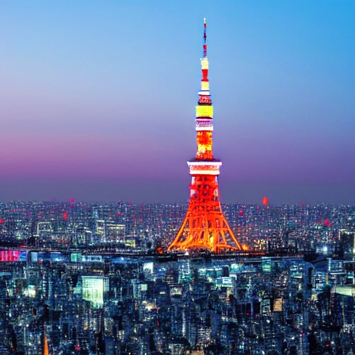, Water Color, city view, tokyo tower, clear sky, sky scraper, dusk