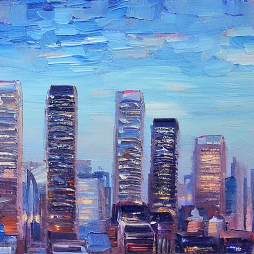 , Oil Painting, city view, tokyo , clear sky, sky scraper, dusk