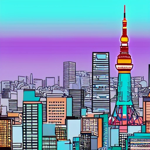  city view, tokyo tower, clear sky, sky scraper, dusk, Cartoon