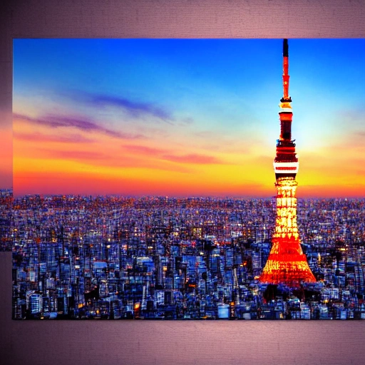  city view, tokyo tower, clear sky, sky scraper, dusk, Cartoon, 3D