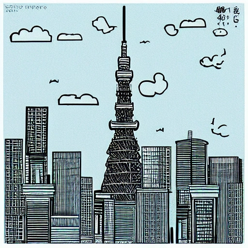  city view, tokyo tower, clear sky, sky scraper, dusk, Cartoon, Pencil Sketch