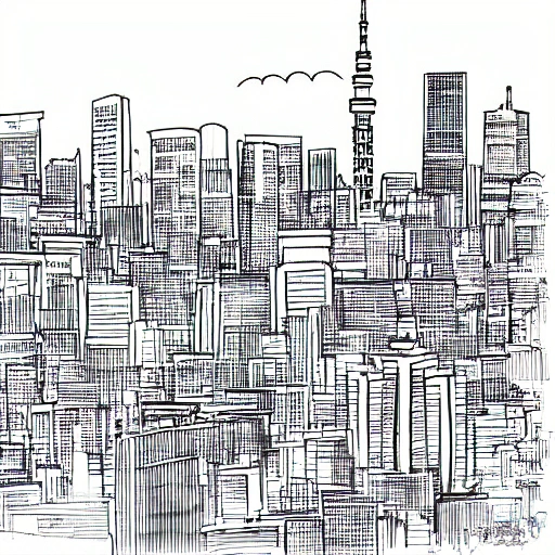  city view, tokyo, clear sky, sky scraper, dusk, Cartoon, Pencil Sketch