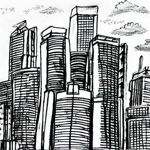  city view, tokyo, clear sky, sky scraper, dusk, Pencil Sketch