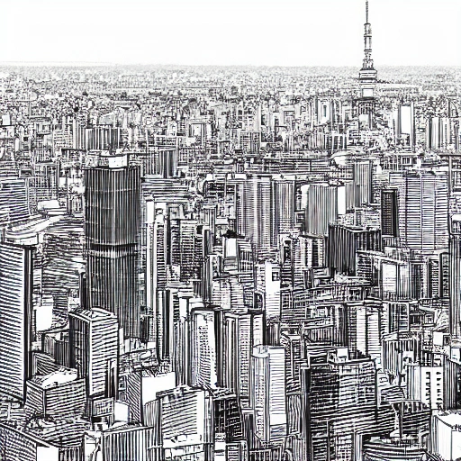  city view, tokyo, clear sky, sky scraper, dusk, Pencil Sketch, birdview
