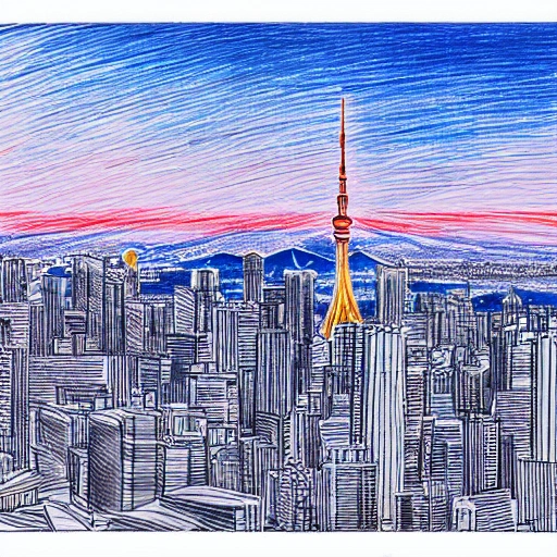  city view, tokyo, clear sky, sky scraper, dusk, Pencil Sketch, birdview