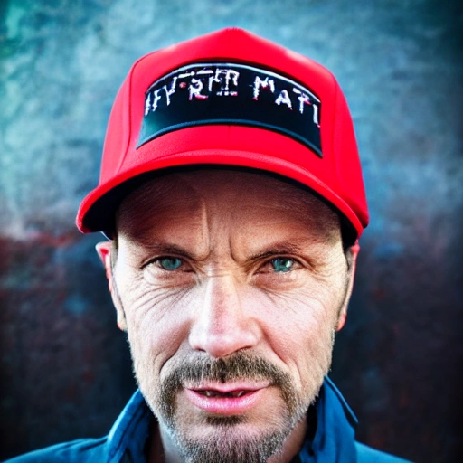 portrait of retro futuristic man, 43 years old, detailed face, hyperrealistic, red trucker cap,