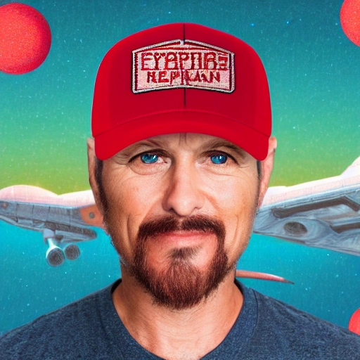 portrait of retro futuristic man, 43 years old, detailed face, hyperrealistic, red trucker cap, starship background