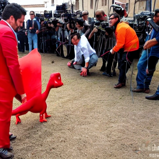 un pequeño dinosaurio instalando camaras con traje rojo