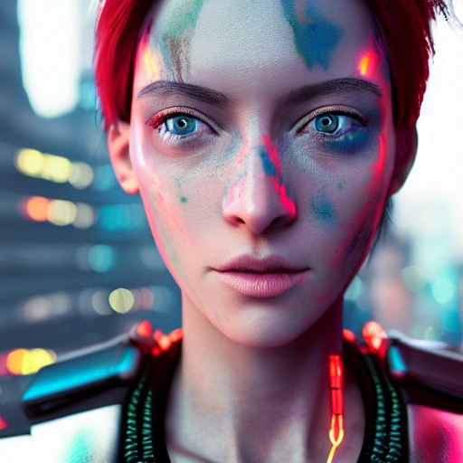 side close up portrait of 1 cyberpunk girl, detailed face, spotlight, cyberpunk city, wired, multicolored, vibrant high contrast, hyperrealistic, photografic, 8k, epic ambient light, octane render, 3D