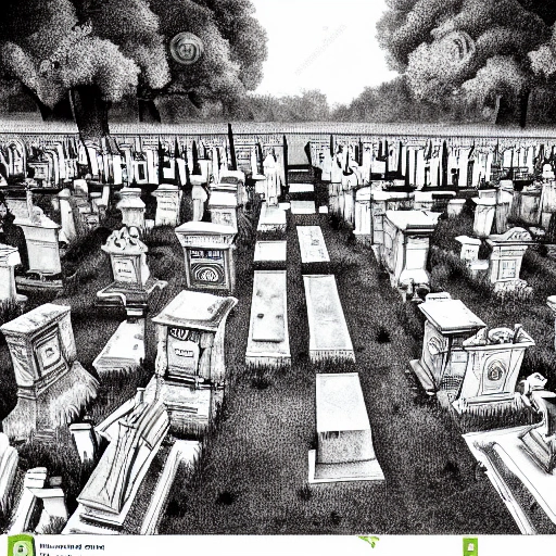 black and white illustration of haunted cemetary, clean lines, detailed, outlines only, 
Pencil Sketch