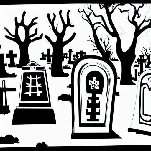 black and white vector line illustration of haunted cemetary, clean lines, detailed, outlines only, 
Pencil Sketch