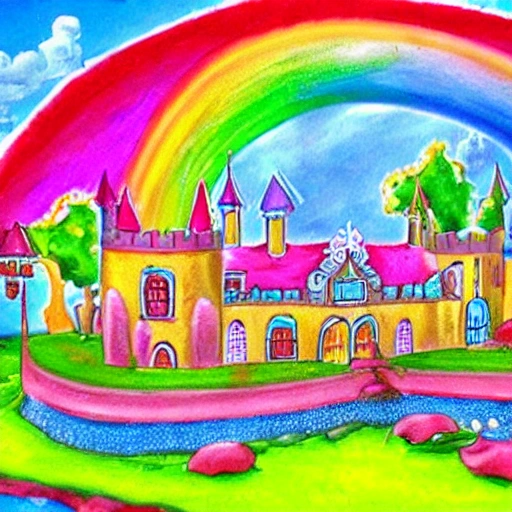 un castillo  muy bonito  con  dulces  y caminos y arcoiris , Cartoon