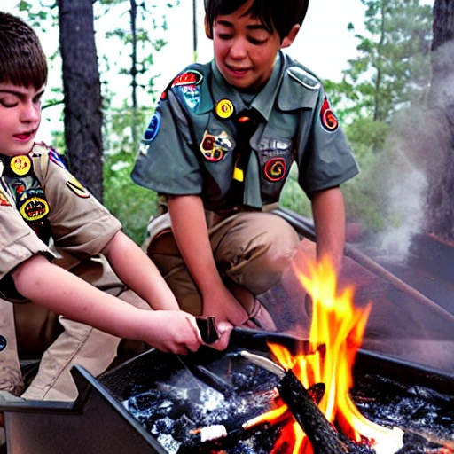 boy scouts, fire, cooking, anime