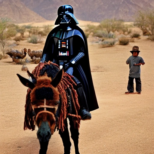 darth vader riding a donkey with a mexican sarape in the desert with coyotes in the background