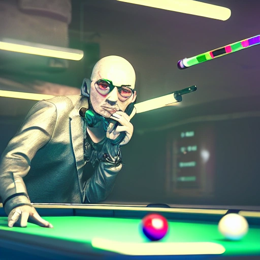 cyberpunk billiard player, high detailed, spotlight, cyberpunk billiard pool hall, wired, multicolored, vibrant high contrast, hyperrealistic, photografic, 8k, epic ambient light, octane render