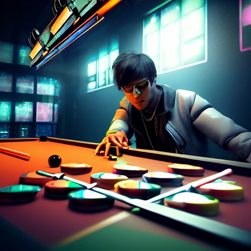 cyberpunk billiard player, high detailed, spotlight, cyberpunk billiard pool hall, vibrant high contrast, hyperrealistic, photografic, 8k, epic dark light, octane render