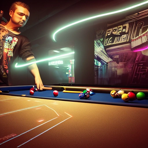 cyberpunk billiard player, holding a billiard cue, jumping over the table, high detailed, spotlight, cyberpunk billiard pool hall, vibrant high contrast, hyperrealistic, photografic, 8k, epic dark light, octane render