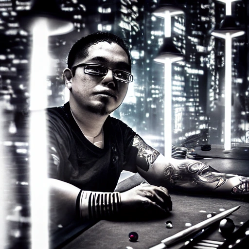 cyberpunk billiard player Efren reyes, high detailed, spotlight, vibrant high contrast, photografic, dark light, 