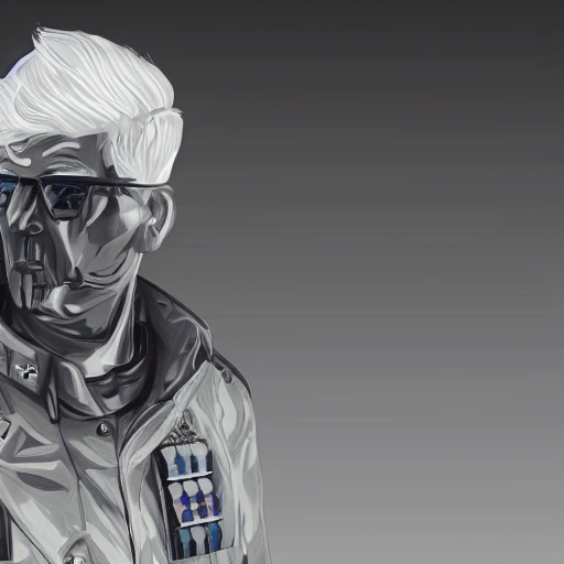 MILITARY FUTURISTIC MAN, 40 YEARS OLD, WHITE HAIR, HYPERREALISTIC STYLE, DINAMIC LIGHTS