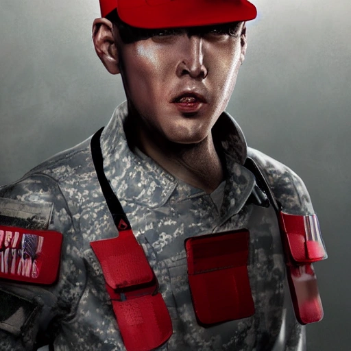 MILITARY FUTURISTIC MAN, 40 YEARS OLD, WHITE HAIR, HYPERREALISTIC STYLE, DINAMIC LIGHTS, 1:2, RED TRUCKER CAP, RETROFUTURISTIC STYLE LIKE ALIEN MOVIE, THUG GUY, MILITARY HAIRCUT, STRONGER FEATURES