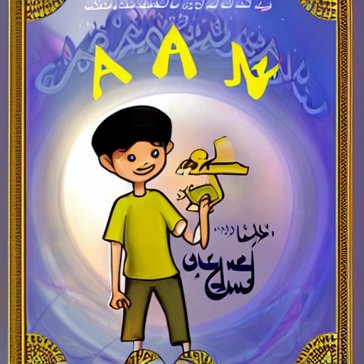 , 3D, Award Winning, book cover with text "Servent To Allah", Beautiful Muslim boy cartoon
