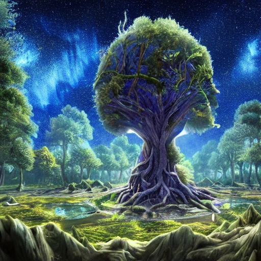 Illustration of a hyperrealistic , otherworldly, ultrasky scene featuring a giant crystal tree full body,very detailed and magical lighting, intricate forest details, vegetation and river around, solarpunk ,landscape, giant tree, beatifull leafy with beautiful lighting and realistic proportions, as if it were a cinematic background, 8k, highest quality, masterpiece, clouds and stars in the sky.

