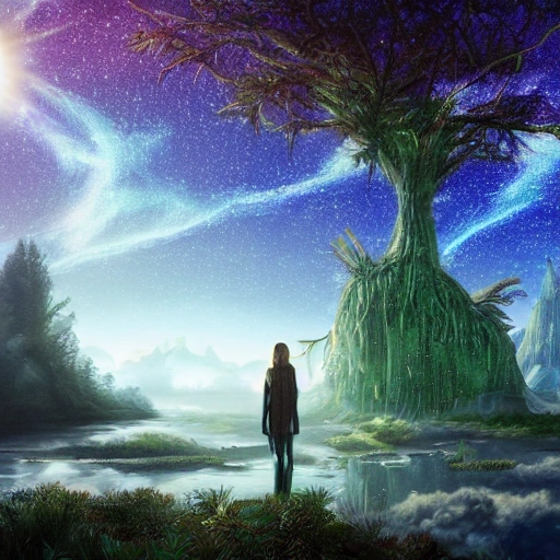 Illustration of a hyperrealistic , otherworldly, ultrasky scene featuring a giant crystal tree full body,very detailed and magical lighting, intricate forest details, vegetation and river around, solarpunk ,landscape, giant tree, beatifull leafy with beautiful lighting and realistic proportions, as if it were a cinematic background, 8k, highest quality, masterpiece, clouds and stars in the sky.

, 3D