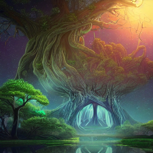 Illustration of a hyperrealistic , otherworldly, ultrasky scene featuring a giant crystal tree full body,very detailed and magical lighting, intricate forest details, vegetation and river around, solarpunk ,landscape, giant tree, beatifull leafy with beautiful lighting and realistic proportions, as if it were a cinematic background, 8k, highest quality, masterpiece, clouds and stars in the sky.

, Oil Painting, Water Color, Oil Painting