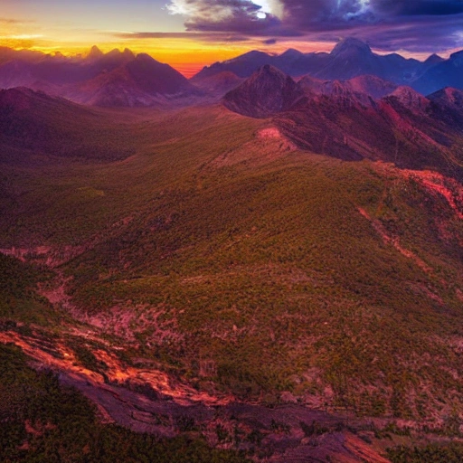 Sunset over a mountain range, panoramic, breathtaking, scenic, natural beauty, rich colors, warm lighting, glowing, vibrant, rugged terrain, shadows, clouds, aerial view, vast landscape, grandiose, by photographer Ansel Adams, Tom Holmes, Philip Hyman.