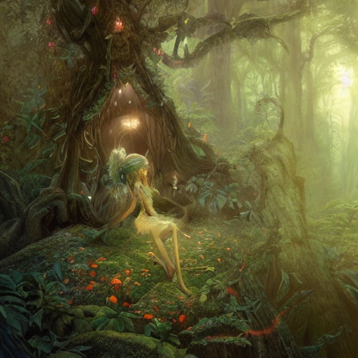 A magical forest filled with fairies, concept art, high angle shot, fantasy, intricate, highly detailed, digital painting, artstation, warm lighting, dreamy, whimsical, illustration, art by Amy Brown, David Palumbo, Julie Bell, Boris Vallejo, Greg Rutkowski.