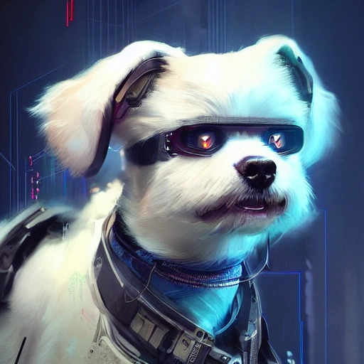 a beautiful portrait of a cute cyberpunk dog maltese by greg rutkowski and wlop, purple blue color scheme, high key lighting, digital art, highly detailed, fine detail, intricate, ornate, complex