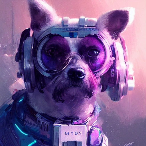 a beautiful portrait of a cute cyberpunk dog maltese by greg rutkowski and wlop, purple blue color scheme, high key lighting, digital art, highly detailed, fine detail, intricate, ornate, complex