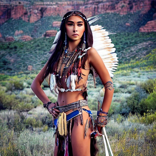 mdjrny-v4 style portrait photograph of Madison Beer as Pocahontas, young beautiful native american woman, perfect symmetrical face, feather jewelry, traditional handmade dress, armed female hunter warrior, (((wild west))) environment, Utah landscape, ultra realistic, concept art, elegant, ((intricate)), ((highly detailed)), depth of field, ((professionally color graded)), 8k, art by artgerm and greg rutkowski and alphonse mucha