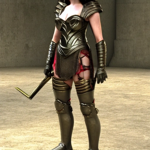 Anne Hathaway in sexy female warrior armor, 3D, extremely realistic