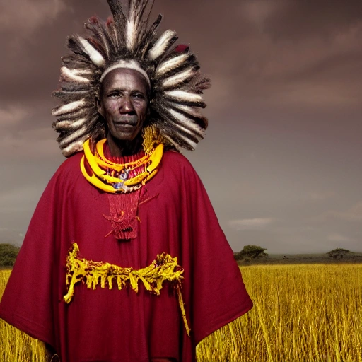 A portrait of old african shaman, wearing dark red robe, facial symmetry, facing forward, yellow grass field background + 150mm lens + 8k + UHD + photorealistic + HDR + FStop 1.8 + High octane render + Unreal engine 5 + cinematic + highly detailed + ray tracing, highly detailed leather clothing, high details, perfect and intricate composition, beautiful detailed octane trendy rendering on the art station, fine art photography 8k art, photorealistic concept art, perfect cinematic soft lighting, natural, cinematic volumetric, chiaroscuro, award winning photography, masterpiece, trending art station, sharp focus, intricate detail, academic figurative, painting by boris vallejo, Greg Rutkowski, Alphonse Mucha . Caravaggio, Oil Painting with a blurred sea background
