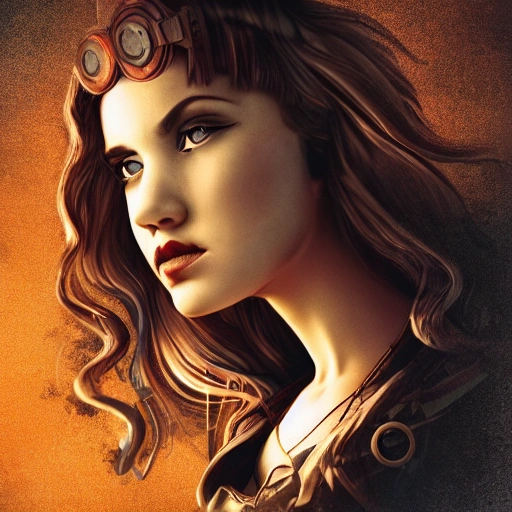 detailed, close up portrait of girl standing in a steampunk city with the wind blowing in her hair, cinematic warm color palette, spotlight, perfect symmetrical face, 3D
