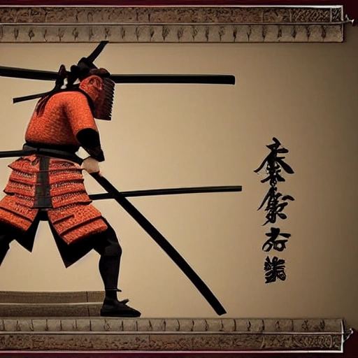 Visualize a powerful samurai in the midst of an important historical moment, displaying their skill and bravery as they make a decisive move that will change the course of history, 3D, 