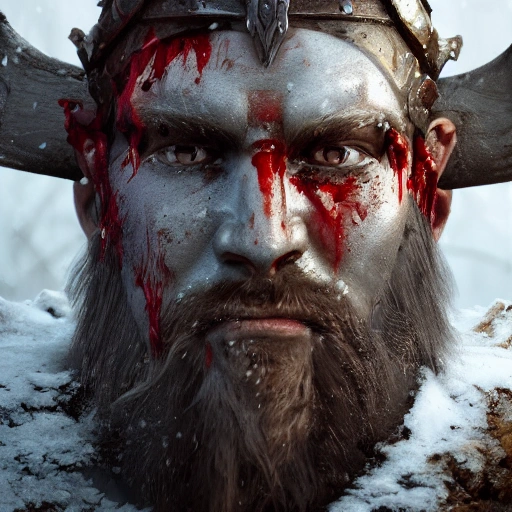 greg rutkowski style octane render of a close up of face of a viking warrior covered in blood in snow covered forest, detailed face, 8k, hyperrealistic, beautiful lighting, cinematic composition