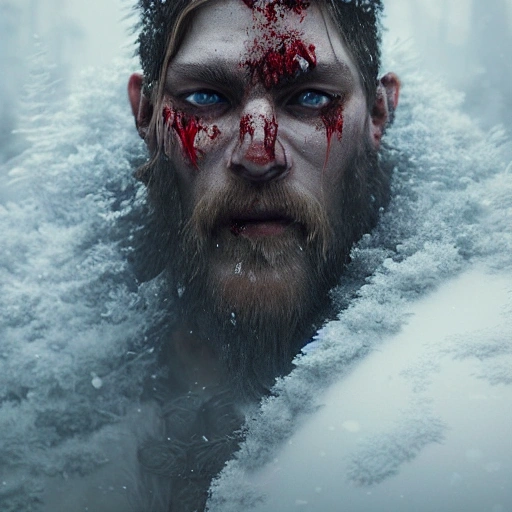 greg rutkowski style octane render of a close up of a viking warrior covered in blood in snow covered forest, detailed face, 8k, hyperrealistic, beautiful lighting, cinematic composition