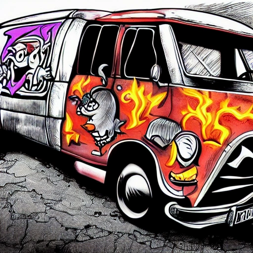 cartoon style front of a citroen type h truck with 3 punks inside running from highway to hell with flames all drawing and comic