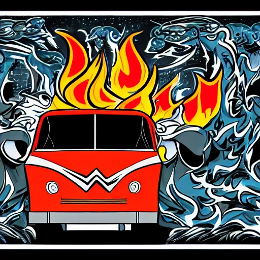 cartoon style front of a citroen type h truck with 3 punks inside running from highway to hell with flames all drawing and comic